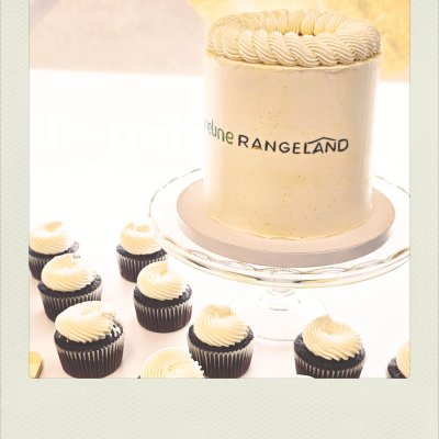 A tall, cream-colored cylindrical cake sits on a clear glass pedestal stand, featuring the text "eline RANGELAND" in green and black. Surrounding the stand on a white surface are several chocolate cupcakes topped with swirls of white icing.